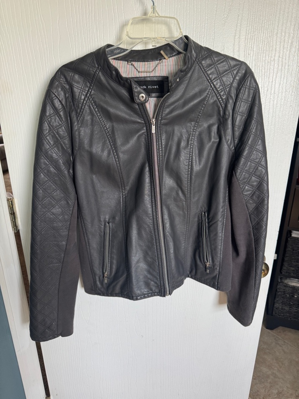 Slate gray Faux Leather Quilted detailed Jacket -